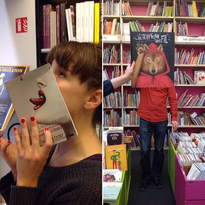 French Bookstore Librairie Mollat  Customers Strategically Posing With Perfectly Matching Book Covers