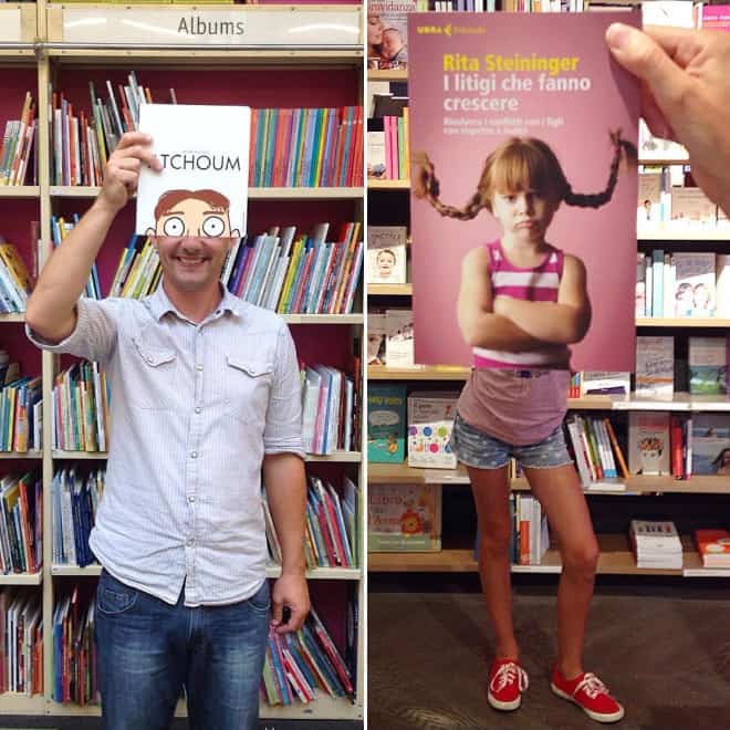 French Bookstore Librairie Mollat  Customers Strategically Posing With Perfectly Matching Book Covers