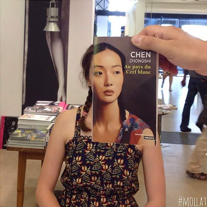 French Bookstore Librairie Mollat  Customers Strategically Posing With Perfectly Matching Book Covers
