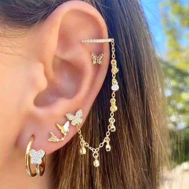 numerous earrings in the ear